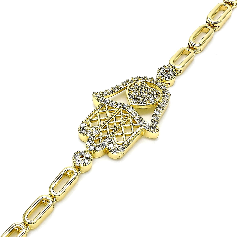 Oro Laminado Fancy Bracelet, Gold Filled Style Judaica and Hand of God Design, with White Micro Pave, Polished, Golden Finish