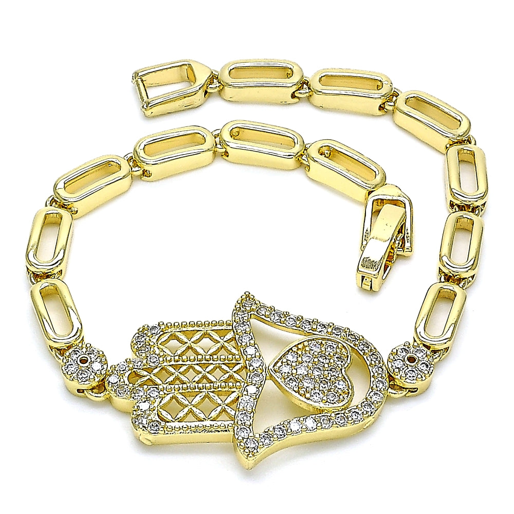 Oro Laminado Fancy Bracelet, Gold Filled Style Judaica and Hand of God Design, with White Micro Pave, Polished, Golden Finish