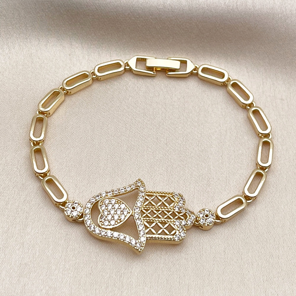 Oro Laminado Fancy Bracelet, Gold Filled Style Judaica and Hand of God Design, with White Micro Pave, Polished, Golden Finish