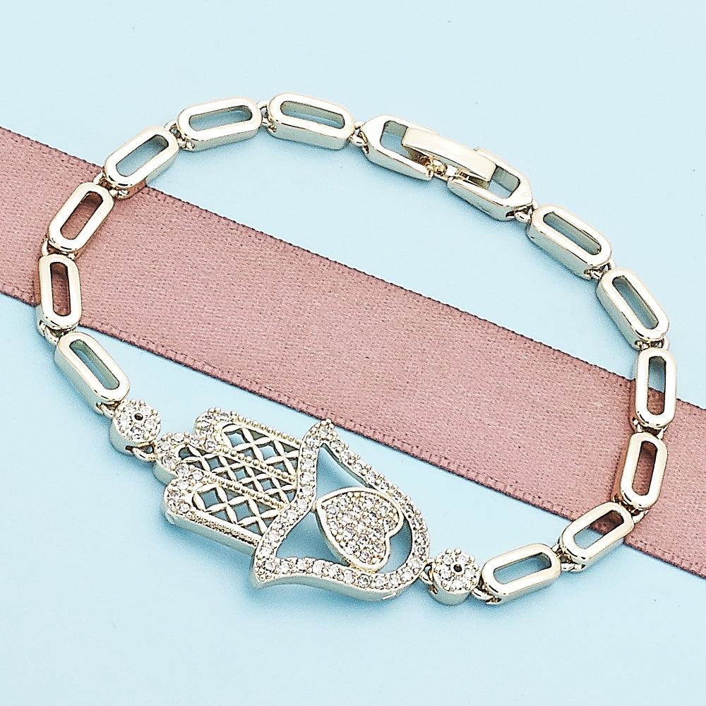 Oro Laminado Fancy Bracelet, Gold Filled Style Judaica and Hand of God Design, with White Micro Pave, Polished, Golden Finish