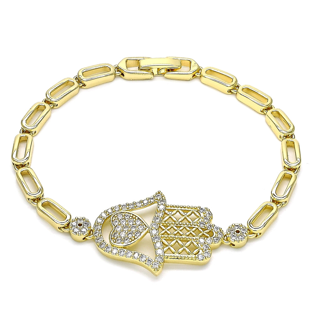 Oro Laminado Fancy Bracelet, Gold Filled Style Judaica and Hand of God Design, with White Micro Pave, Polished, Golden Finish