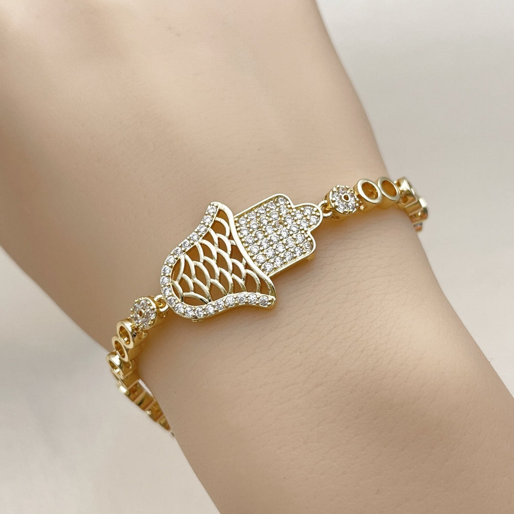 Oro Laminado Fancy Bracelet, Gold Filled Style Judaica and Hand of God Design, with White Micro Pave, Polished, Golden Finish