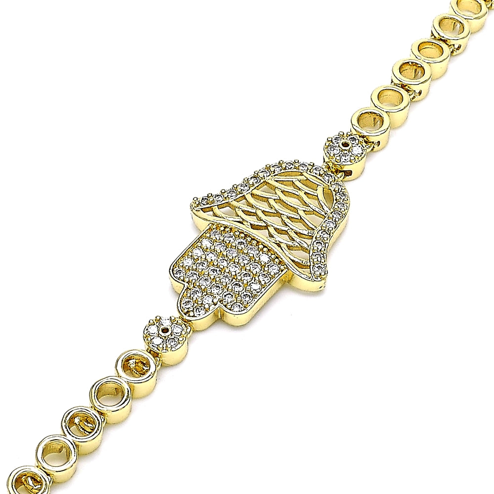 Oro Laminado Fancy Bracelet, Gold Filled Style Judaica and Hand of God Design, with White Micro Pave, Polished, Golden Finish
