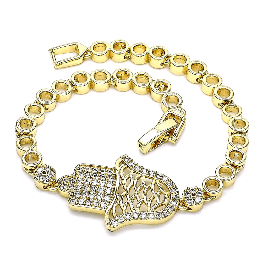 Oro Laminado Fancy Bracelet, Gold Filled Style Judaica and Hand of God Design, with White Micro Pave, Polished, Golden Finish
