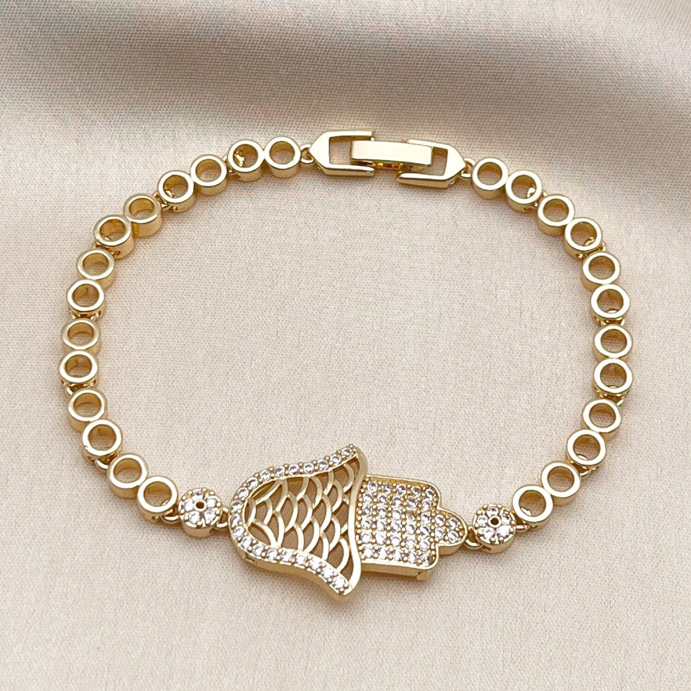 Oro Laminado Fancy Bracelet, Gold Filled Style Judaica and Hand of God Design, with White Micro Pave, Polished, Golden Finish