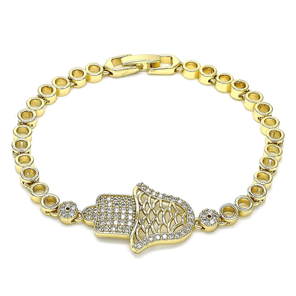 Oro Laminado Fancy Bracelet, Gold Filled Style Judaica and Hand of God Design, with White Micro Pave, Polished, Golden Finish