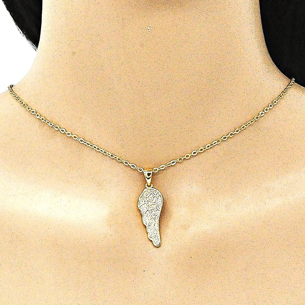 Oro Laminado Fancy Pendant, Gold Filled Style Wings Design, with White Micro Pave, Polished, Golden Finish