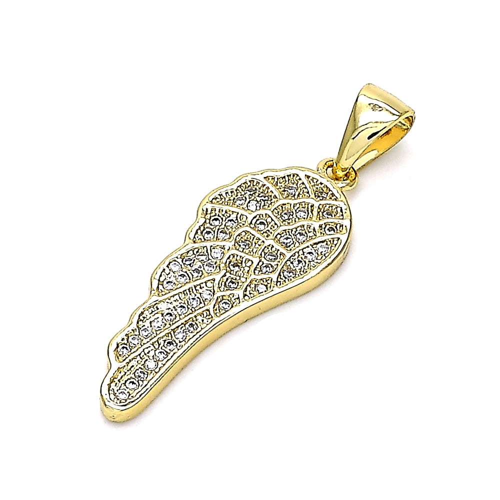 Oro Laminado Fancy Pendant, Gold Filled Style Wings Design, with White Micro Pave, Polished, Golden Finish