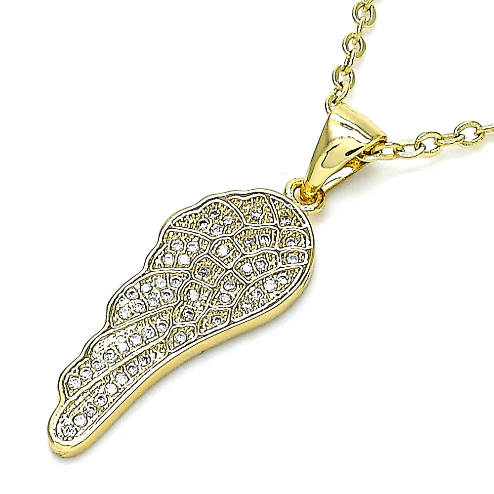 Oro Laminado Fancy Pendant, Gold Filled Style Wings Design, with White Micro Pave, Polished, Golden Finish