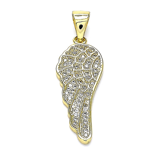 Oro Laminado Fancy Pendant, Gold Filled Style Wings Design, with White Micro Pave, Polished, Golden Finish