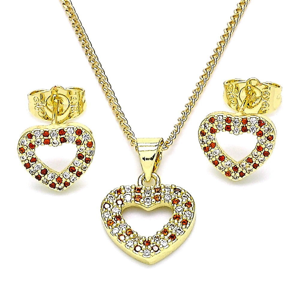 Oro Laminado Earring and Pendant Adult Set, Gold Filled Style Heart Design, with Garnet and White Micro Pave, Polished, Golden Finish