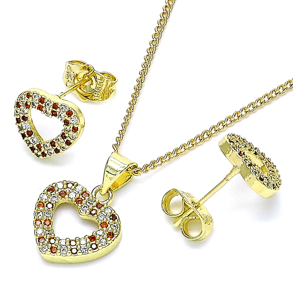 Oro Laminado Earring and Pendant Adult Set, Gold Filled Style Heart Design, with Garnet and White Micro Pave, Polished, Golden Finish