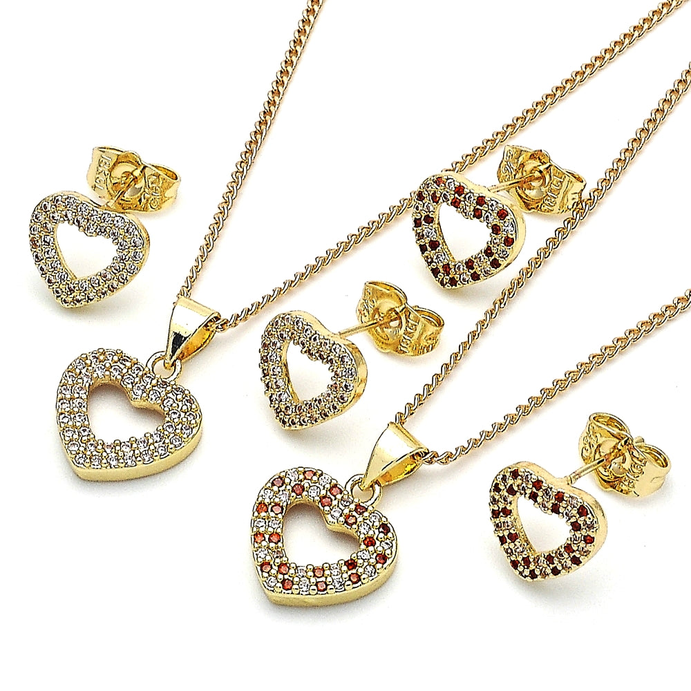 Oro Laminado Earring and Pendant Adult Set, Gold Filled Style Heart Design, with Garnet and White Micro Pave, Polished, Golden Finish