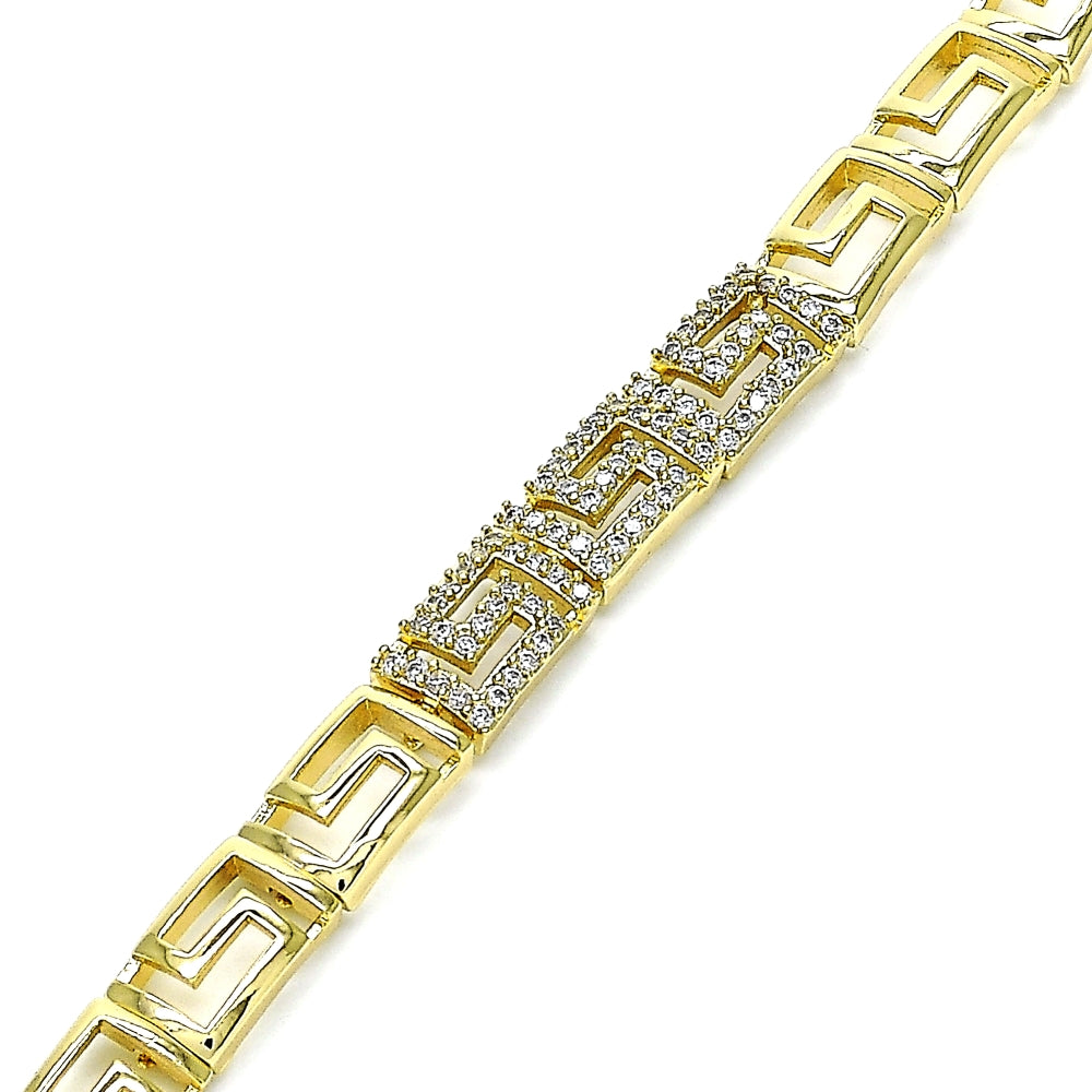Oro Laminado Fancy Bracelet, Gold Filled Style Greek Key Design, with White Micro Pave, Polished, Golden Finish