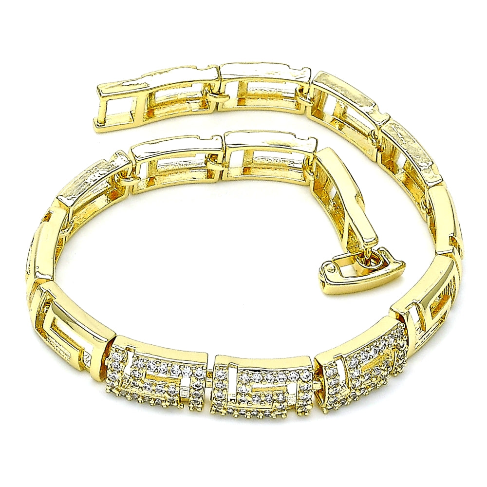 Oro Laminado Fancy Bracelet, Gold Filled Style Greek Key Design, with White Micro Pave, Polished, Golden Finish