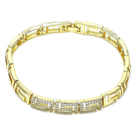 Oro Laminado Fancy Bracelet, Gold Filled Style Greek Key Design, with White Micro Pave, Polished, Golden Finish