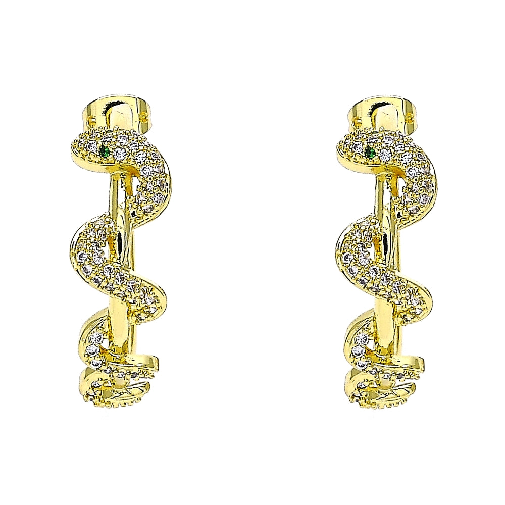 Oro Laminado Stud Earring, Gold Filled Style Snake Design, with White and Green Micro Pave, Polished, Golden Finish