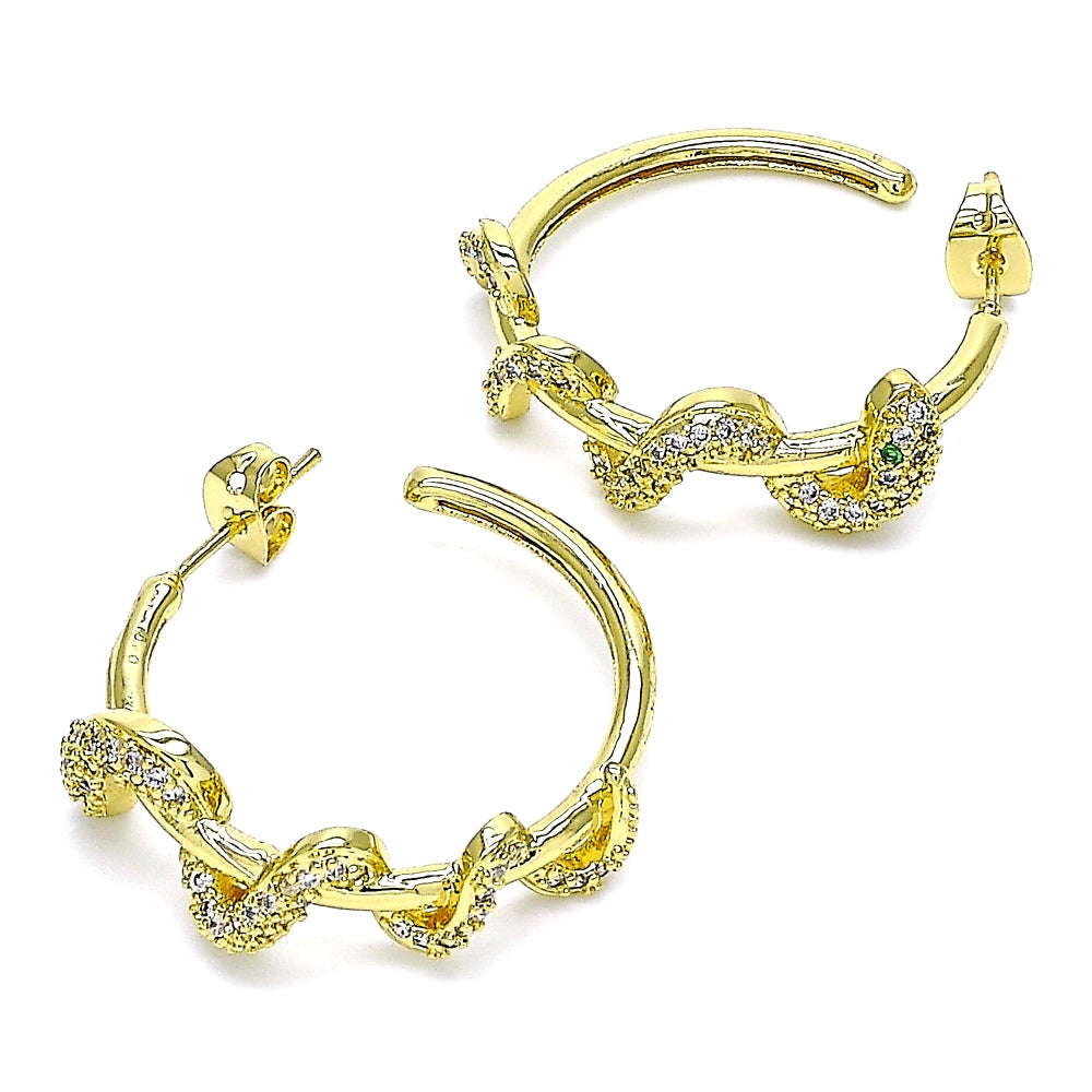 Oro Laminado Stud Earring, Gold Filled Style Snake Design, with White and Green Micro Pave, Polished, Golden Finish