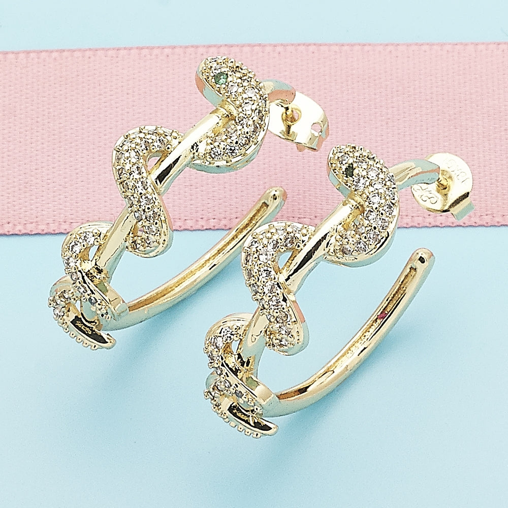 Oro Laminado Stud Earring, Gold Filled Style Snake Design, with White and Green Micro Pave, Polished, Golden Finish