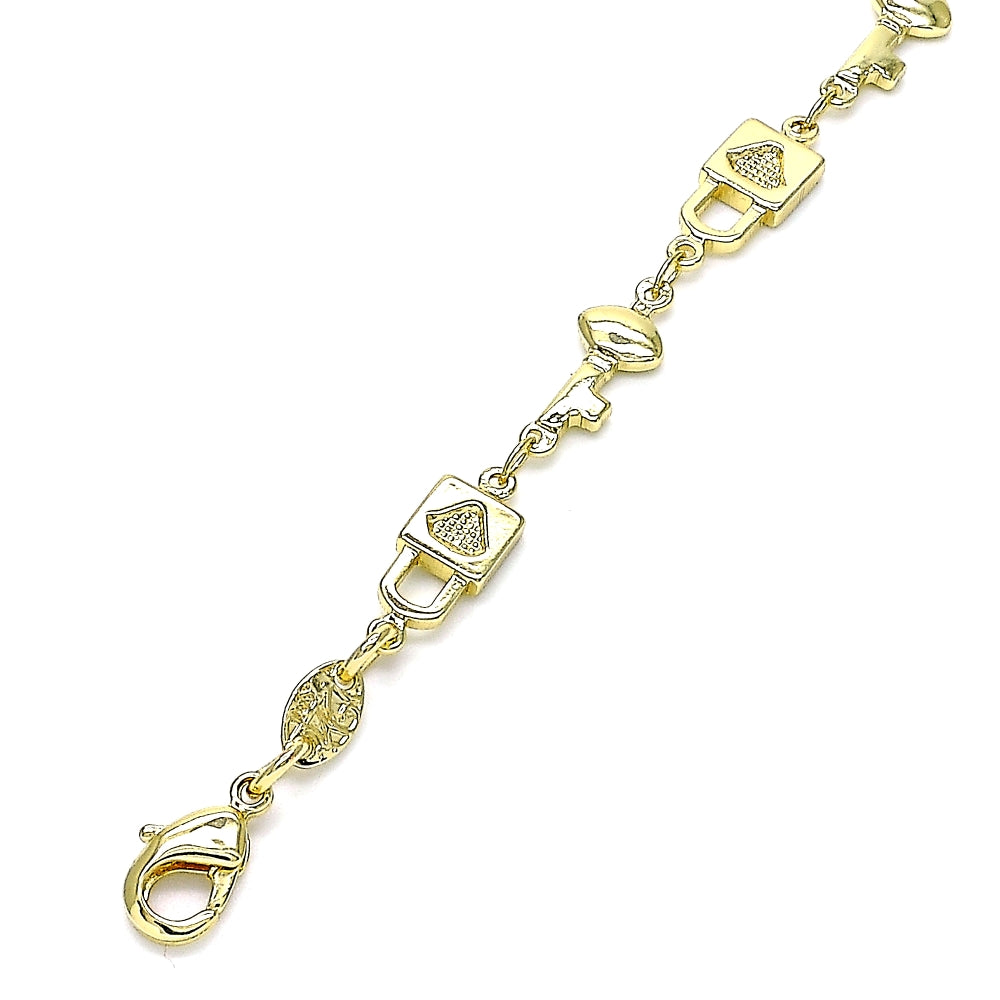 Oro Laminado Fancy Bracelet, Gold Filled Style Lock and key Design, Polished, Golden Finish