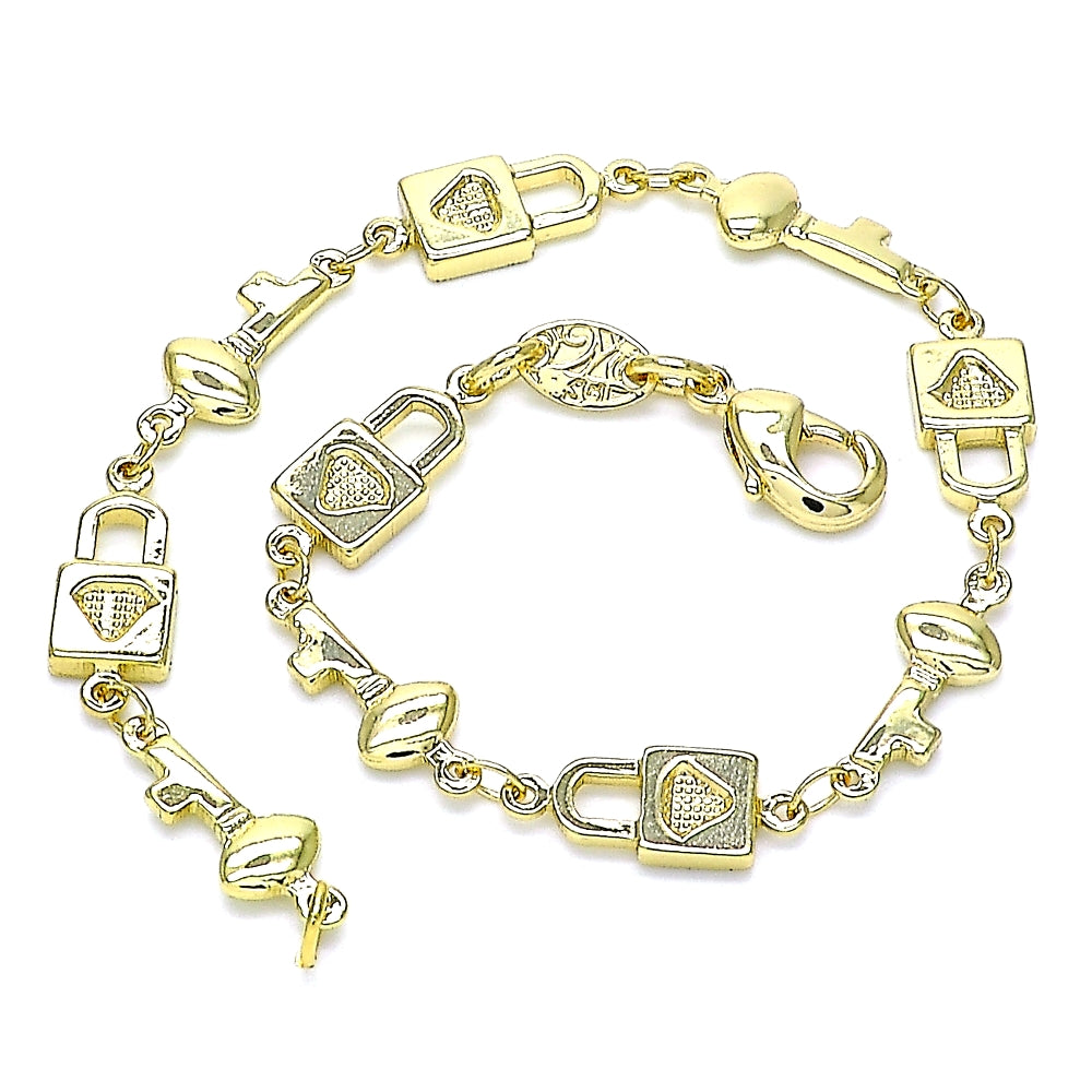 Oro Laminado Fancy Bracelet, Gold Filled Style Lock and key Design, Polished, Golden Finish