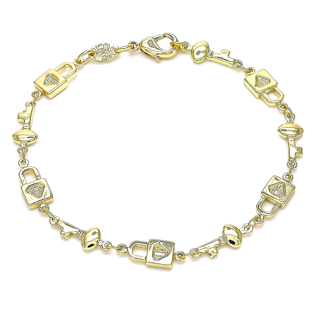 Oro Laminado Fancy Bracelet, Gold Filled Style Lock and key Design, Polished, Golden Finish