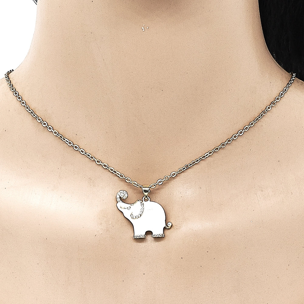 Oro Laminado Fancy Pendant, Gold Filled Style Elephant Design, with White Micro Pave, White Enamel Finish, Golden Finish