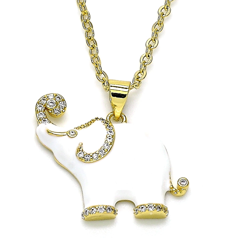 Oro Laminado Fancy Pendant, Gold Filled Style Elephant Design, with White Micro Pave, White Enamel Finish, Golden Finish