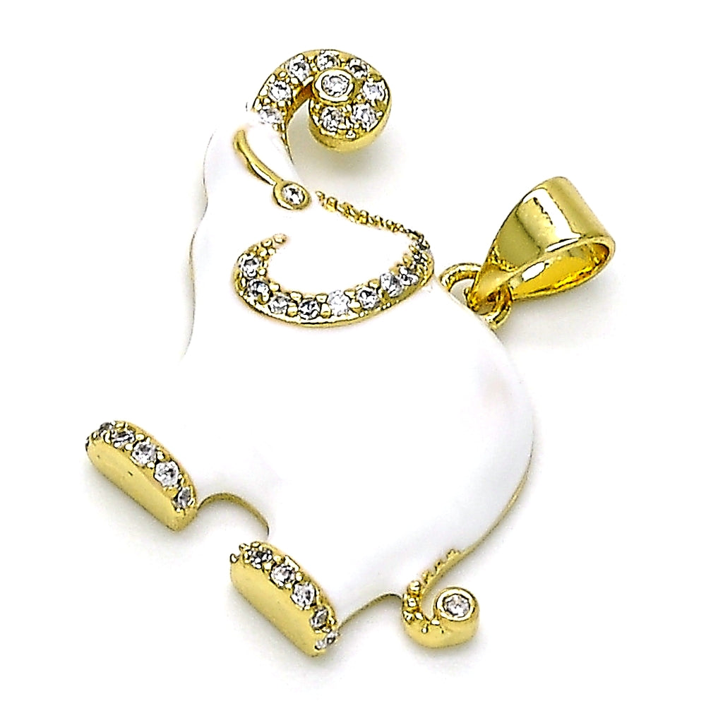 Oro Laminado Fancy Pendant, Gold Filled Style Elephant Design, with White Micro Pave, White Enamel Finish, Golden Finish