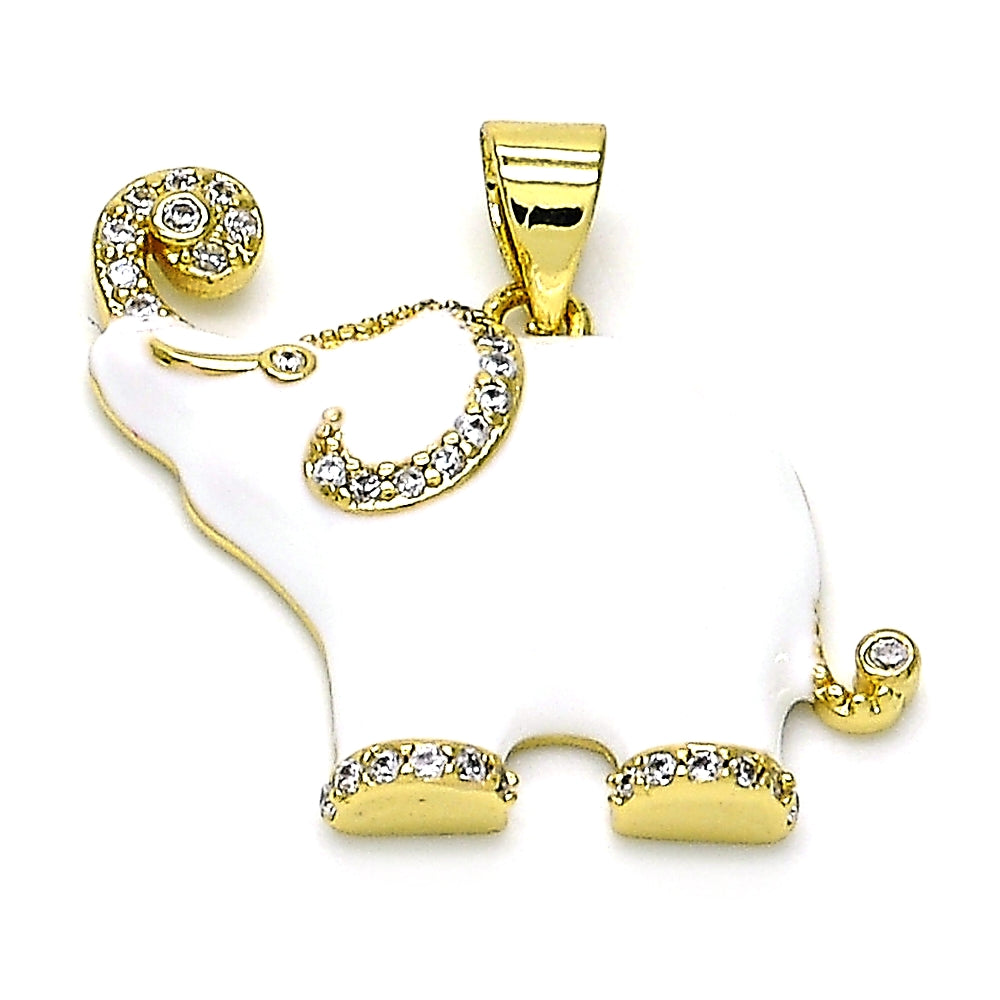 Oro Laminado Fancy Pendant, Gold Filled Style Elephant Design, with White Micro Pave, White Enamel Finish, Golden Finish