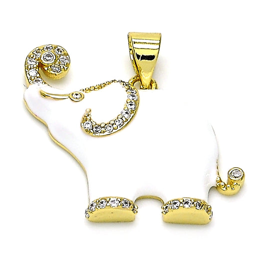 Oro Laminado Fancy Pendant, Gold Filled Style Elephant Design, with White Micro Pave, White Enamel Finish, Golden Finish