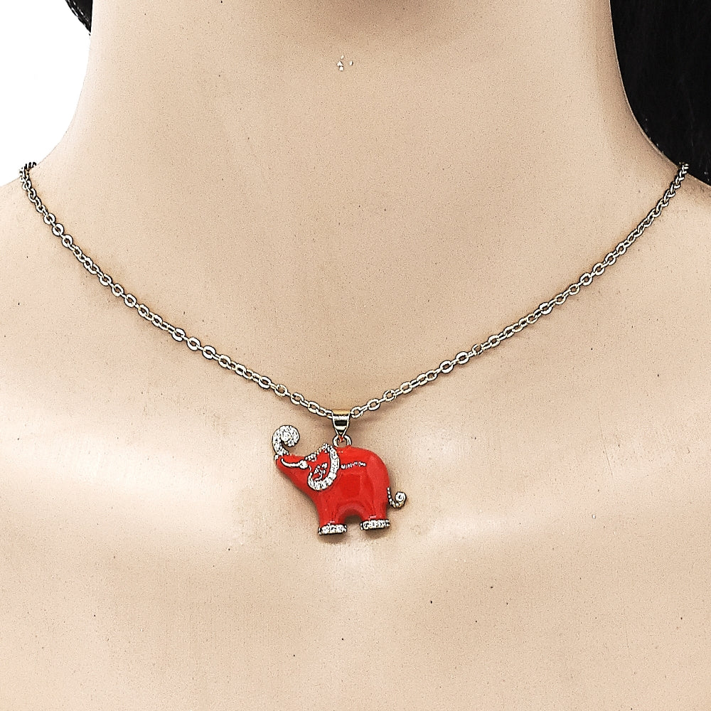 Oro Laminado Fancy Pendant, Gold Filled Style Elephant Design, with White Micro Pave, Red Enamel Finish, Golden Finish