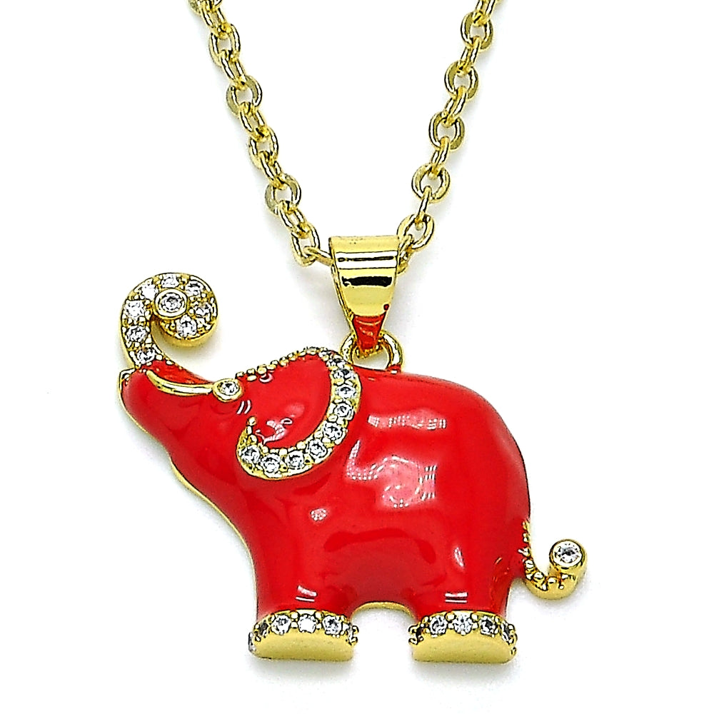 Oro Laminado Fancy Pendant, Gold Filled Style Elephant Design, with White Micro Pave, Red Enamel Finish, Golden Finish