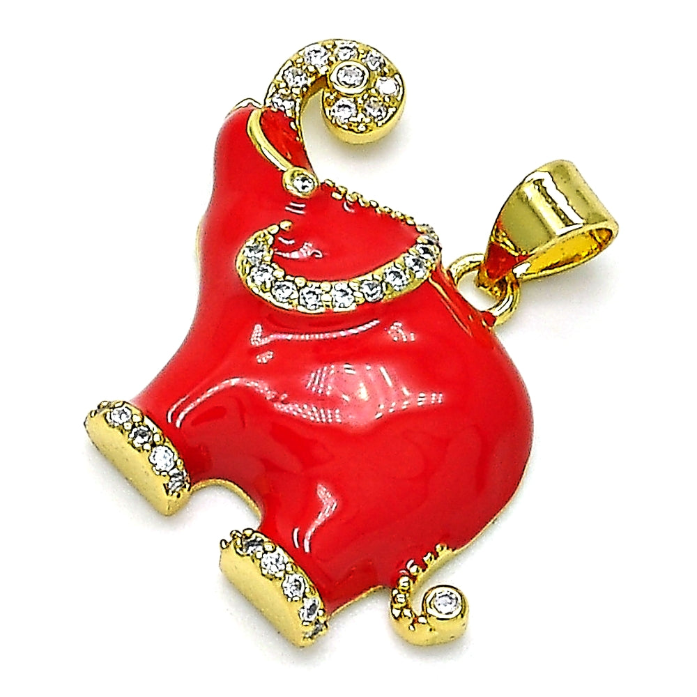 Oro Laminado Fancy Pendant, Gold Filled Style Elephant Design, with White Micro Pave, Red Enamel Finish, Golden Finish