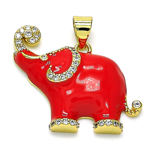 Oro Laminado Fancy Pendant, Gold Filled Style Elephant Design, with White Micro Pave, Red Enamel Finish, Golden Finish