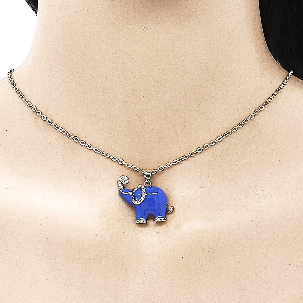 Oro Laminado Fancy Pendant, Gold Filled Style Elephant Design, with White Micro Pave, Blue Enamel Finish, Golden Finish