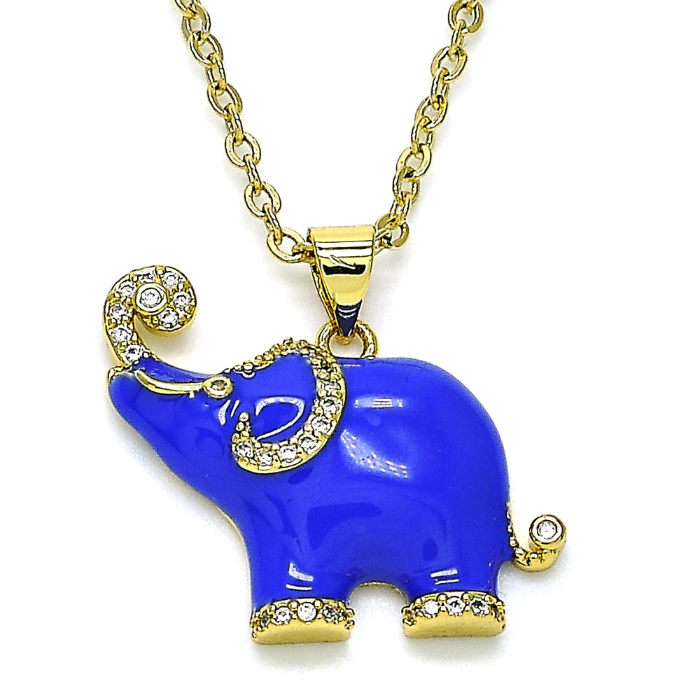 Oro Laminado Fancy Pendant, Gold Filled Style Elephant Design, with White Micro Pave, Blue Enamel Finish, Golden Finish