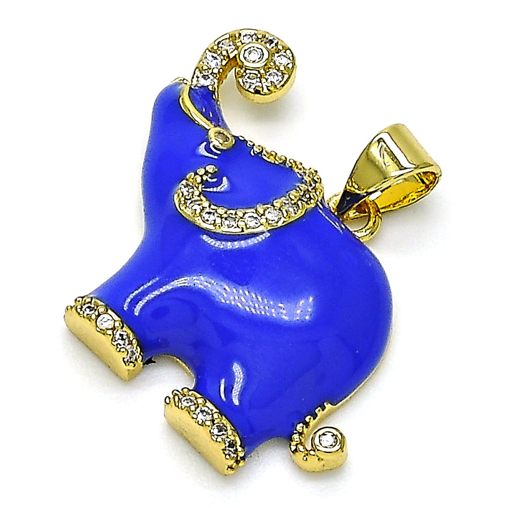 Oro Laminado Fancy Pendant, Gold Filled Style Elephant Design, with White Micro Pave, Blue Enamel Finish, Golden Finish