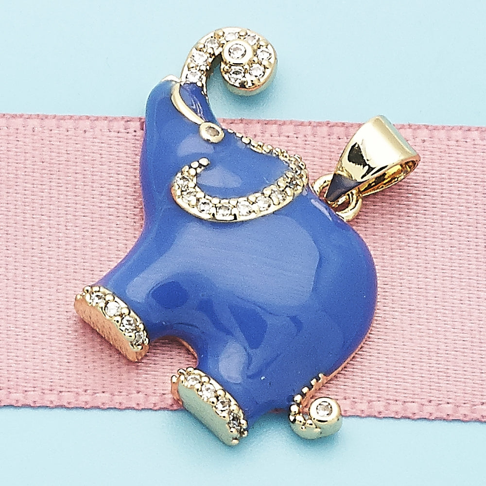 Oro Laminado Fancy Pendant, Gold Filled Style Elephant Design, with White Micro Pave, Blue Enamel Finish, Golden Finish