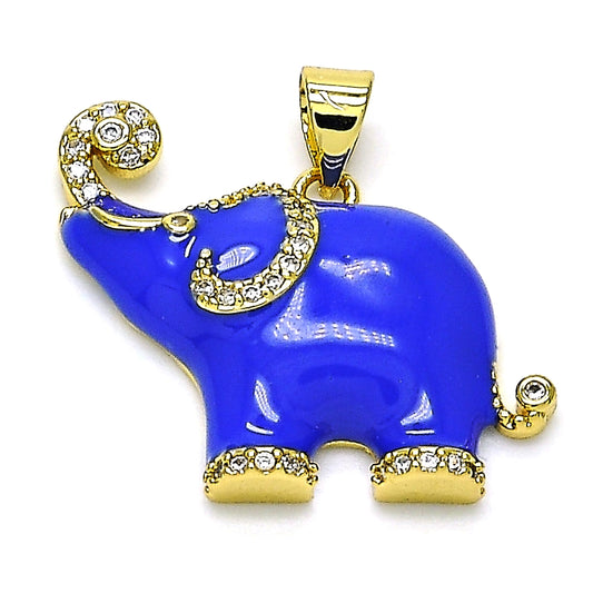Oro Laminado Fancy Pendant, Gold Filled Style Elephant Design, with White Micro Pave, Blue Enamel Finish, Golden Finish