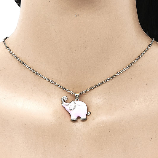 Oro Laminado Fancy Pendant, Gold Filled Style Elephant Design, with White Micro Pave, Pink Enamel Finish, Golden Finish