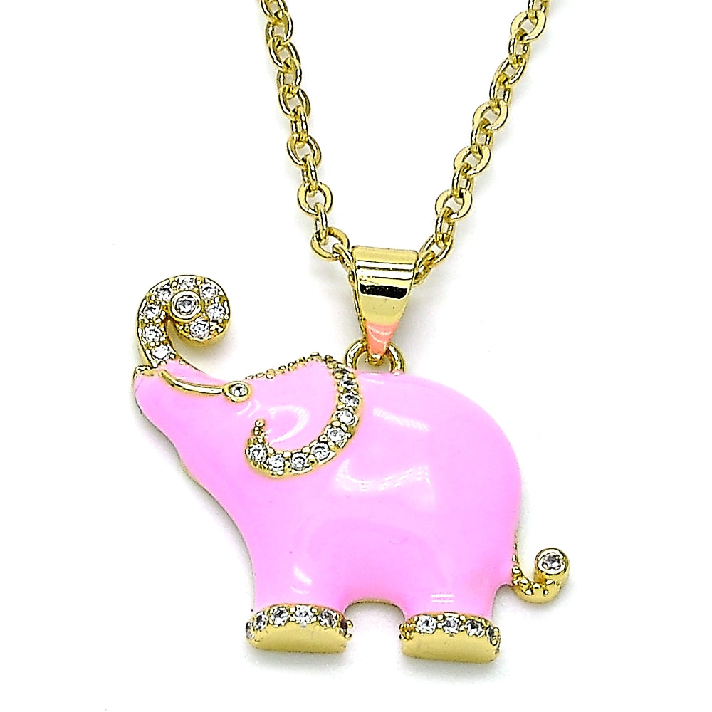 Oro Laminado Fancy Pendant, Gold Filled Style Elephant Design, with White Micro Pave, Pink Enamel Finish, Golden Finish
