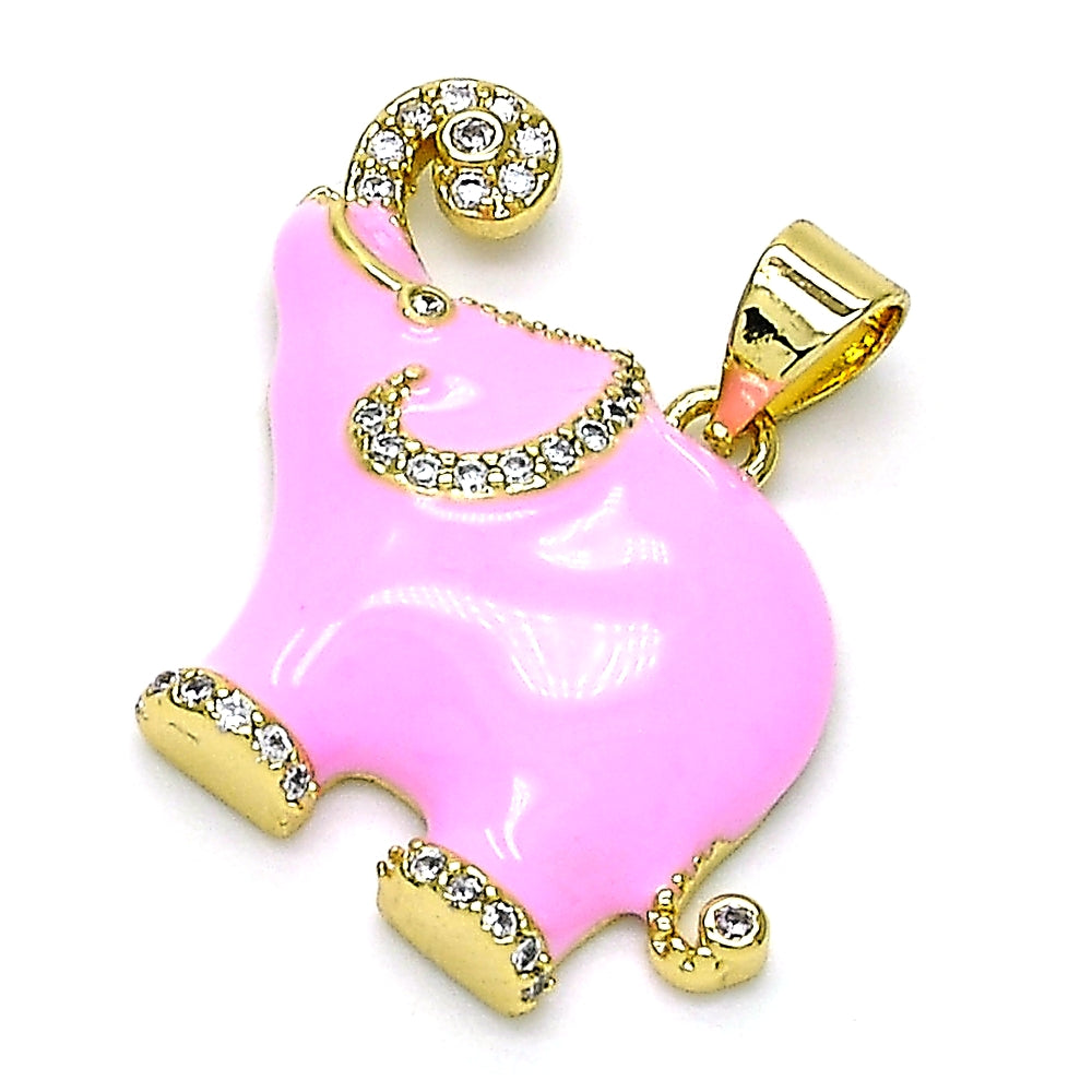 Oro Laminado Fancy Pendant, Gold Filled Style Elephant Design, with White Micro Pave, Pink Enamel Finish, Golden Finish