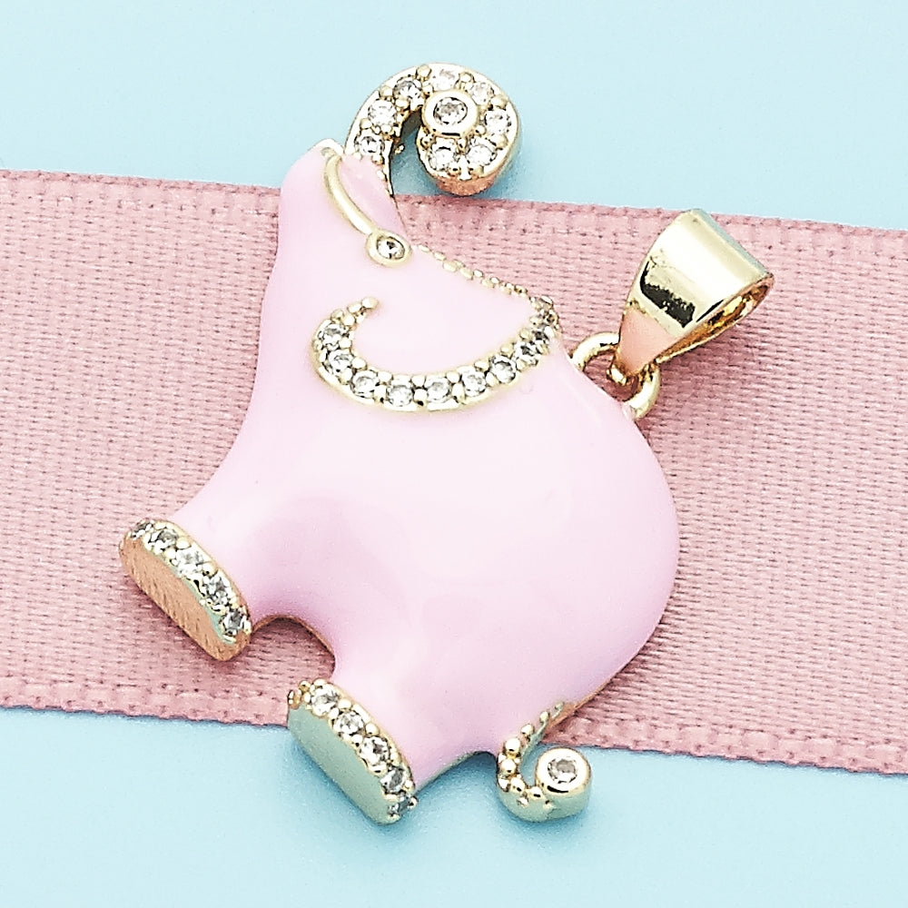 Oro Laminado Fancy Pendant, Gold Filled Style Elephant Design, with White Micro Pave, Pink Enamel Finish, Golden Finish