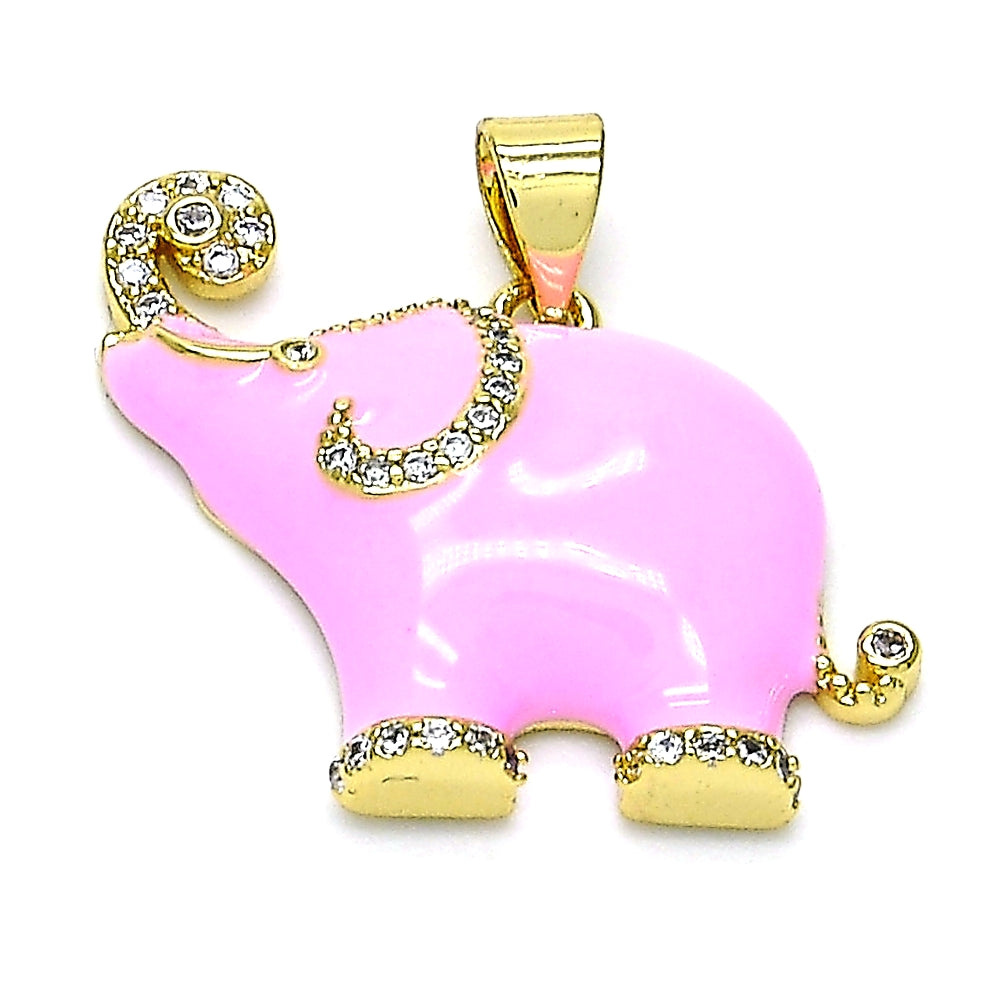 Oro Laminado Fancy Pendant, Gold Filled Style Elephant Design, with White Micro Pave, Pink Enamel Finish, Golden Finish
