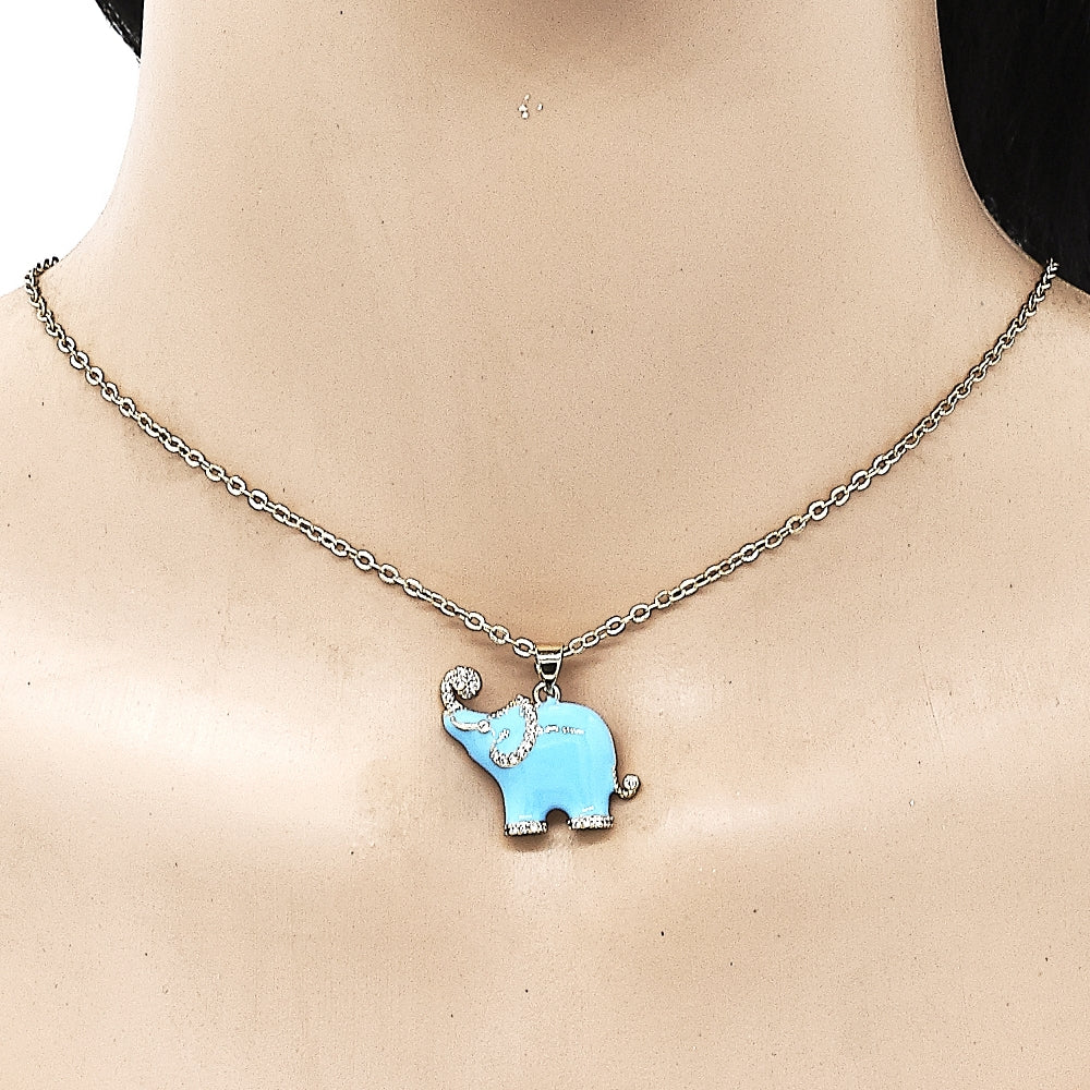 Oro Laminado Fancy Pendant, Gold Filled Style Elephant Design, with White Micro Pave, Azul claro Enamel Finish, Golden Finish