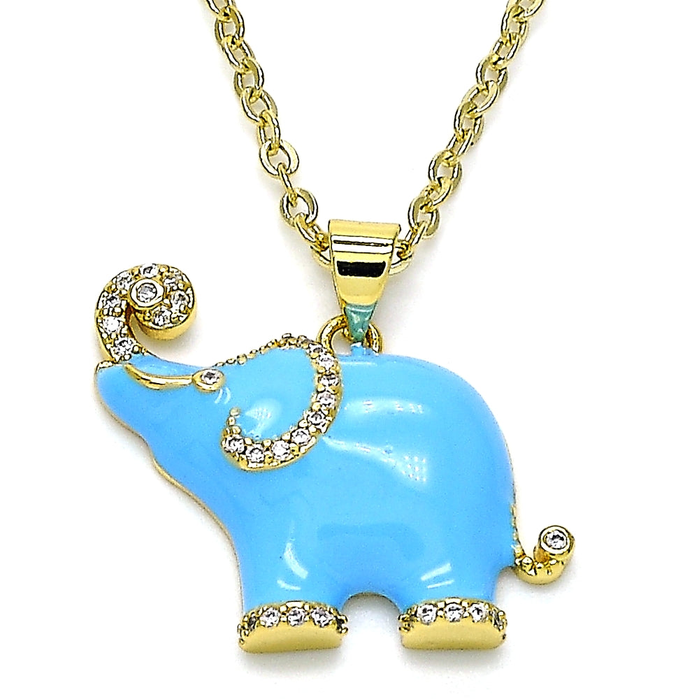 Oro Laminado Fancy Pendant, Gold Filled Style Elephant Design, with White Micro Pave, Azul claro Enamel Finish, Golden Finish