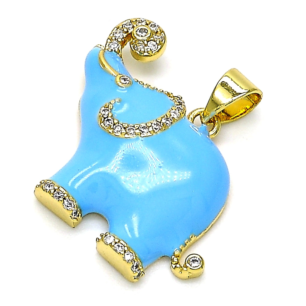 Oro Laminado Fancy Pendant, Gold Filled Style Elephant Design, with White Micro Pave, Azul claro Enamel Finish, Golden Finish