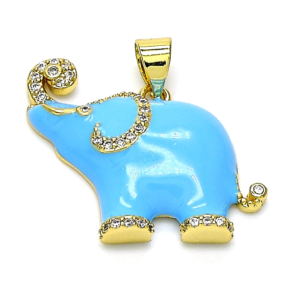 Oro Laminado Fancy Pendant, Gold Filled Style Elephant Design, with White Micro Pave, Azul claro Enamel Finish, Golden Finish