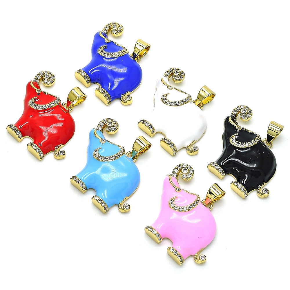 Oro Laminado Fancy Pendant, Gold Filled Style Elephant Design, with White Micro Pave, Azul claro Enamel Finish, Golden Finish